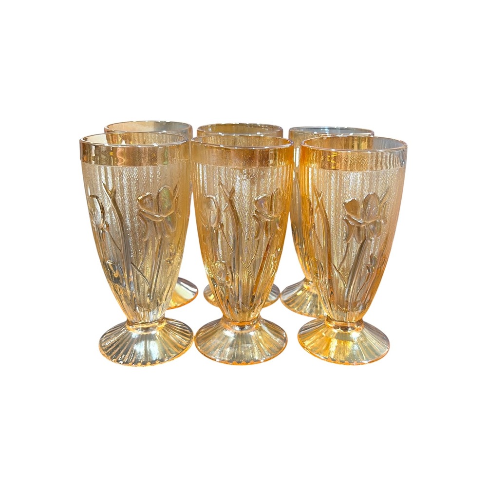 Set 6 Vintage Jeannette Glass Iris & Herringbone Footed Carnival Glass Tumblers